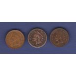 U.S.A. - 1860, 1883 & 1908 Indian Head Cents, Grade F-VF (3).