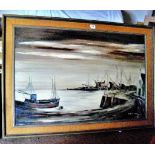 Framed Oil Painting of Fishing Boats in port at dusk by R.E. Moore. 40" x 30"