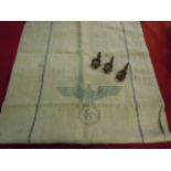 WWII German Food Sacks with Eagle stamp and three Booby Trap clamps as used to fix Stick Grenades to