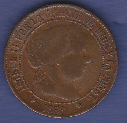 Spain - 1868om 5 Centimos, Ref KM635, Grade VF.