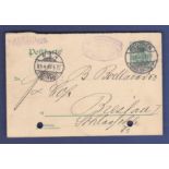 Germany 1902  5 PF Postal Stationery Card, used Beuthen to Breslau.  Hole punched.