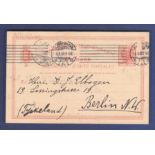 Denmark 1908  10 Ore Postal Stationery Card, used Kjobenhavn to Berlin.  Machine cancel.