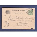 Germany 1900  5 PF Postal Stationery Card, used Nuernberg to Breslau.  Hole punched.