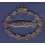 British RNAS Cap Badge of the Officers Balloon section. (Silver) Kc.