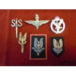 SAS Cap badges - (6) includes: four SAS badges and patches, Paratroopers cap badge (White metal) and