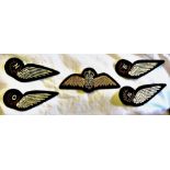 Set of 5 R.A.F. Cloth Wing Badges  including two Air Gunner badges, one Observer, one Navigators