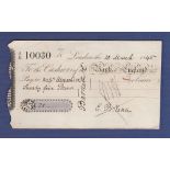 Great Britain 1845 Bank of England Cheque to bearer,  Black on white.  Scarce.