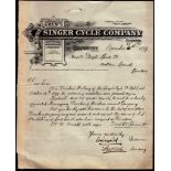 Cycling - 1899 Singer Cycle Company Engraved Letter Heading, letter signed by Warwich (Chairman) and