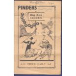 1940 - Circus Programme  Pinders Big Zoo Circus Programme (m/s).