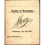 Society of Merchants - 1897 (7th July)  Menu, Willis Restaurant.