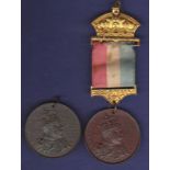 Edward VII Coronation Medals, two medals made for the Borough of Cambridge. Bronze with ribbon and a