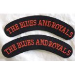 The Blues and Royals Military Cloth Shoulder Title Pair.