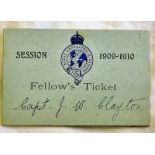 Ephemera - Egypt - Great Britain  Royal Geographical Society 1909-1910 Fellow's Ticket.  Captain J.