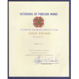 Militaria - USA  Veterans gold award certificate.