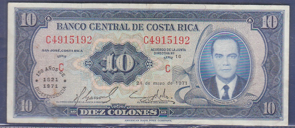 Costa Rica - 1971  10 Colones, P242, GVF.