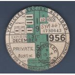 1956 31st December Tax Disk (Annual) Austin Reg No. SYA447 Licensed by: Somerset C. Good to very