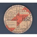 1952 31st December Tax Disk (Annual) Standard Green/ Black Reg No. VMK413 Licensed by: Middlesex CC.