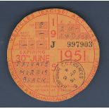 1951 30th June Tax Disk (Quarterly) Morris Black 8HP Reg No. AWD508 licensed by: Hampshire CC.