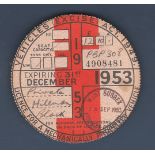 1953 31st December Tax Disk (Annual) Hillman Black Reg No. PBP308 Licensed by: West Sussex CC.
