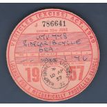 1957 30th June Motorcycle Tax Disk (Quarterly) BSA Motorcycle and Sidecar Reg No. UTV778, Licensed