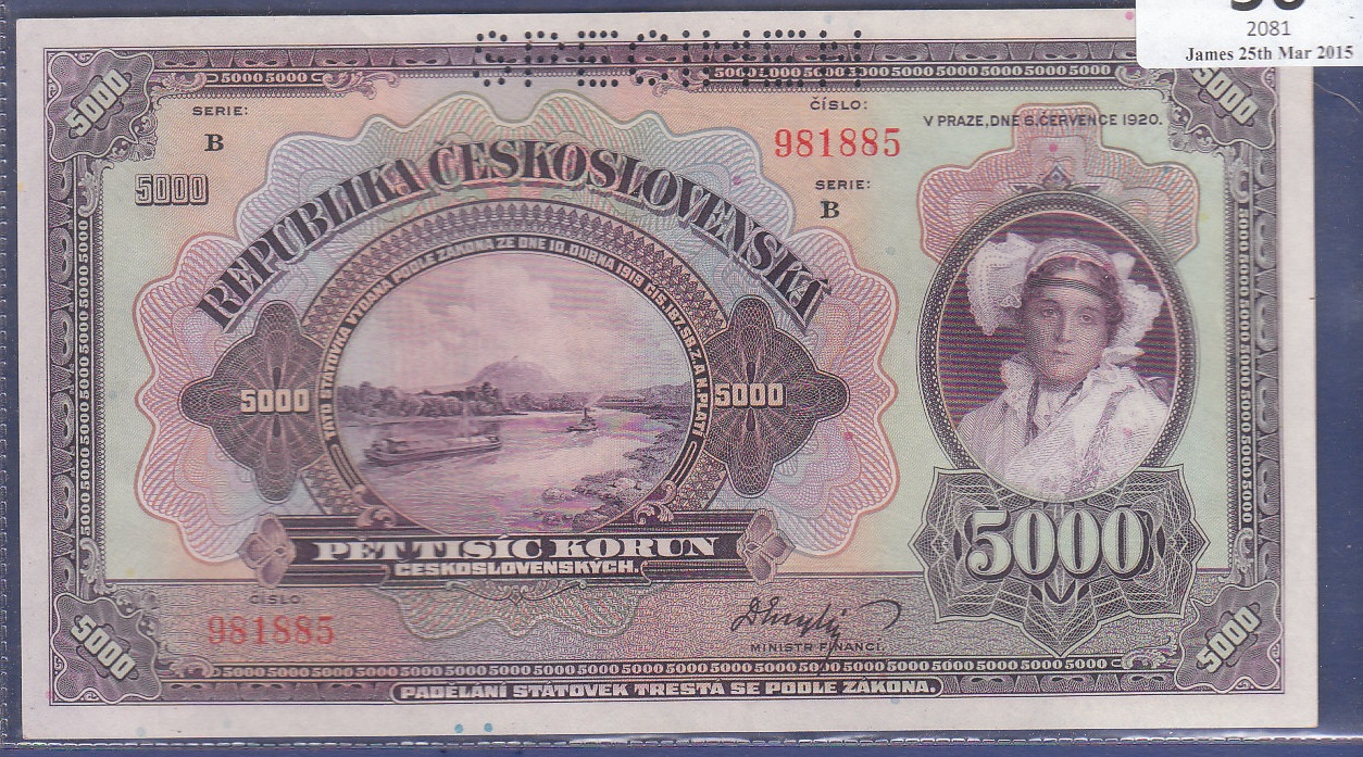 Czechoslovakia - 1920  5000 Korun, P19, Specimen, UNC.