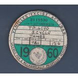 1960 31st December Motorcycle Tax Disk (Annual) James 98cc Reg No. JP4090 Licensed by: Lancashire