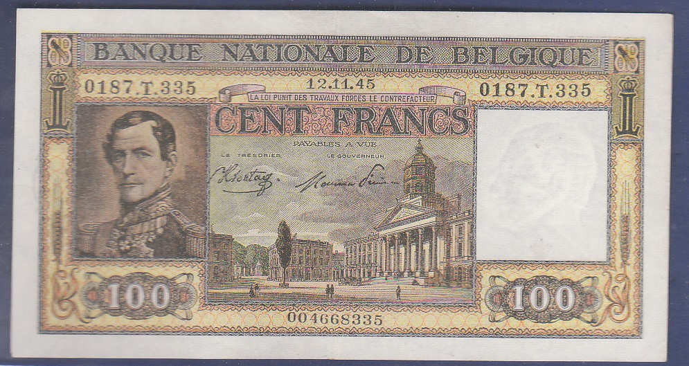 Belgium - 1945  100 Franc, P126, AUNC.
