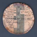 1927 31st December Tax disk (Annual) Ford Red Reg No. VF1407 Licensed by: Norfolk CC. Good