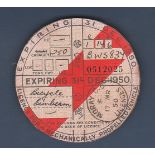 1950 31st December Motorcycle Tax Disk (Annual) Sunbeam 250cc Reg No. BWS837 Licensed by Moray cc.