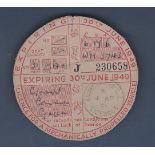 1949 30th June Motorcycle Tax Disk (Quarterly) Commer, Green Reg No. WH 3743 Licensed by: Cumberland