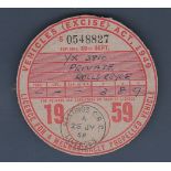 1959 30th September Tax Disk (Quarterly) Rolls Royce Reg No. YX3810 Licensed by: London CC. Good the