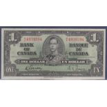 Canada - 1937 (2 Jan)  1 Dollar, P58 Sig. 2, Prefix N/A, AUNC.