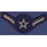 U.S Air Force cloth rank badge, Airman 3rd Class with a central star woven in silver/white on a blue