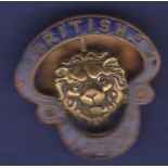 Vintage Lapel Badge, British Legion:-  White metal lions mask within a blue enamelled 2-part scroll,