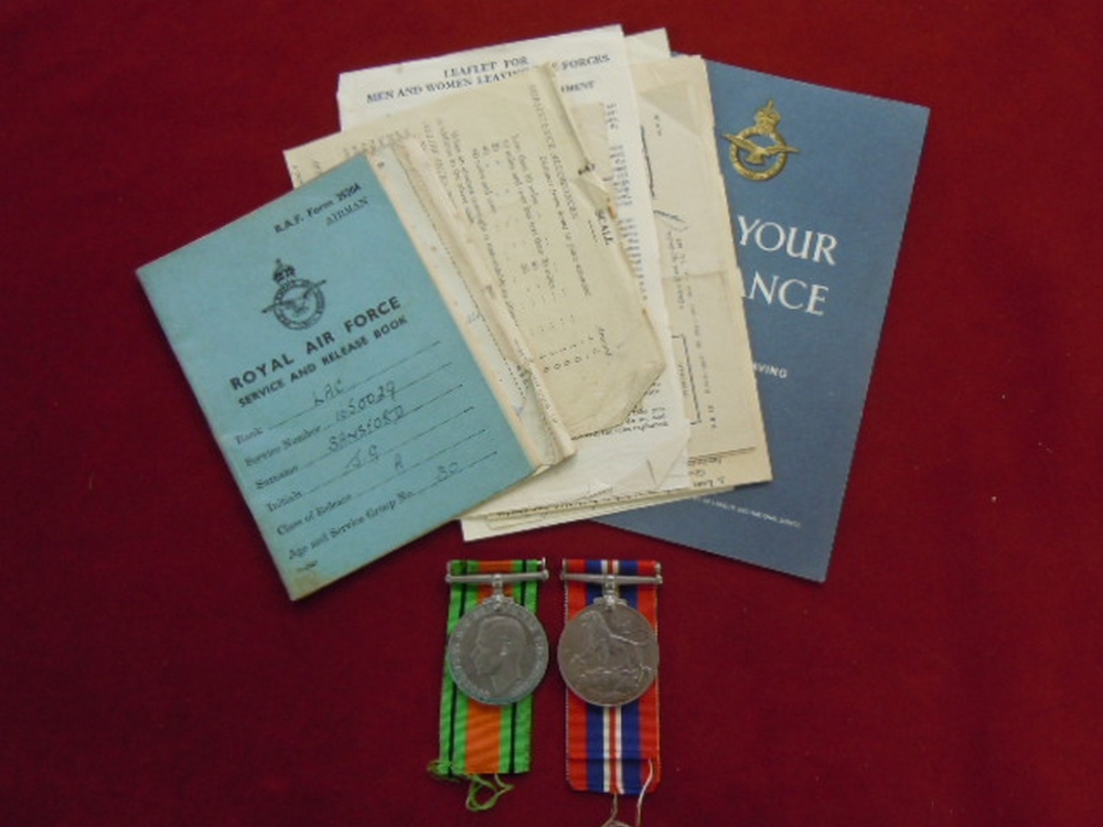 WWII RAF Defence and War Medals with RAF Service and Release book, Call Up and Service papers to