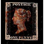 Great Britain Line engraved 1840 1d Black T-D sg2 plate fine used 4 good to large margins.