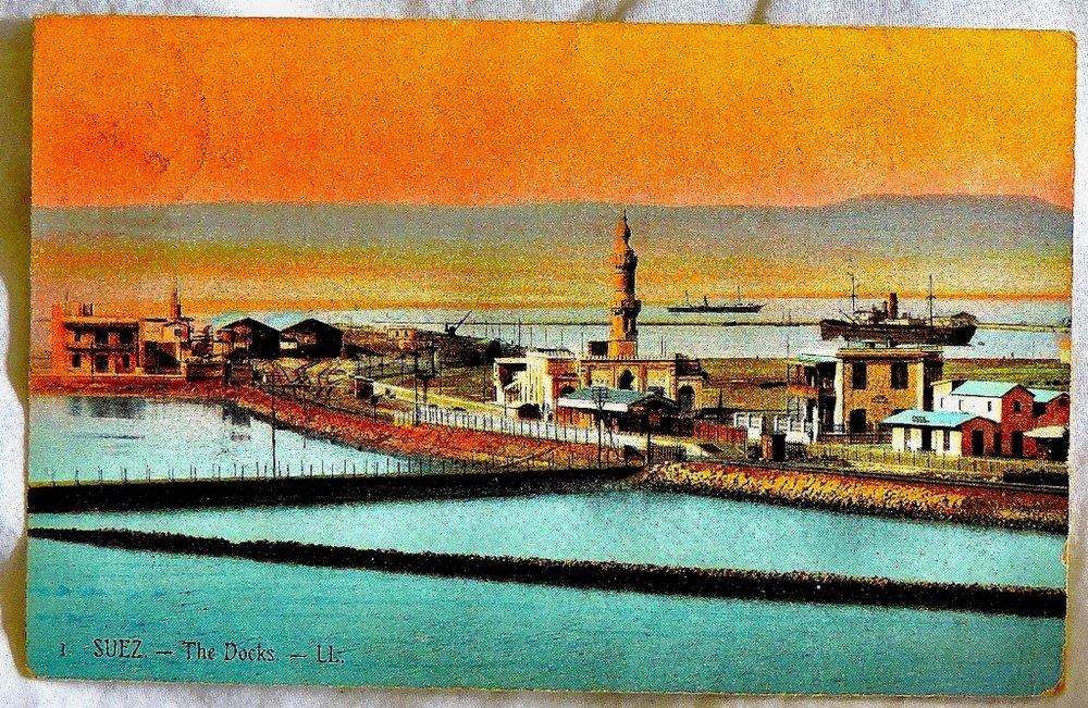 Egypt - 1908 Giza to England  Postcard, LL view of Suez Docks.