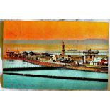 Egypt - 1908 Giza to England  Postcard, LL view of Suez Docks.