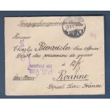 Germany - 1917 Prisoner of War ENV  Strasburg to Roanne (France), purple handstamps.  An