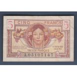 France - 1947 (ND) Military Issue Five Francs  Ref PH6, Grade VF (staple at left).