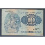 Estonia - 1937 Ten Krooni  Ref P67a, Grade VF (Series 'A').