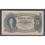 Norway - 1940 Five Kroner  Ref P7c, Grade VF.  German Occupation Series 'S'.