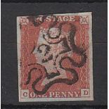 Great Britain - 1841 1d Red 'CD'  Fine used 'No 2' in Maltese Cross, crisp strike, four margins.  SG