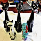 Three single stem vase - Cats (Black) hand painted 14" high. One cat ornament 10" high, one cockerel