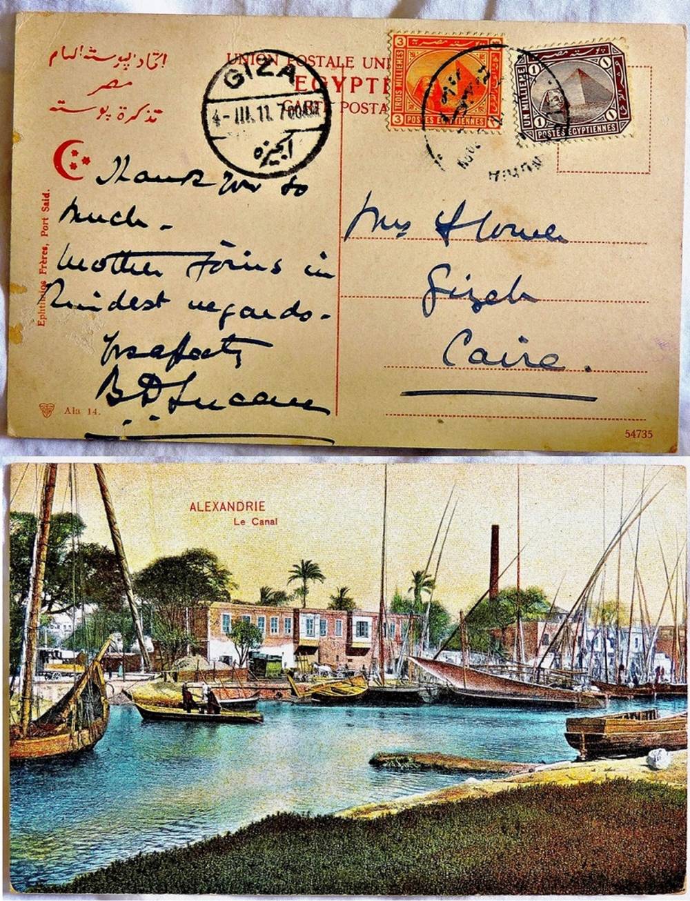 Egypt - 1911 Alexandrie Le Canal, colour card, used Giza.