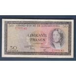 Luxembourg - 1961 Fifty Francs  Ref P51a (Prefix 'C'), Grade Fine ++ (small lower tear).  Scarce.