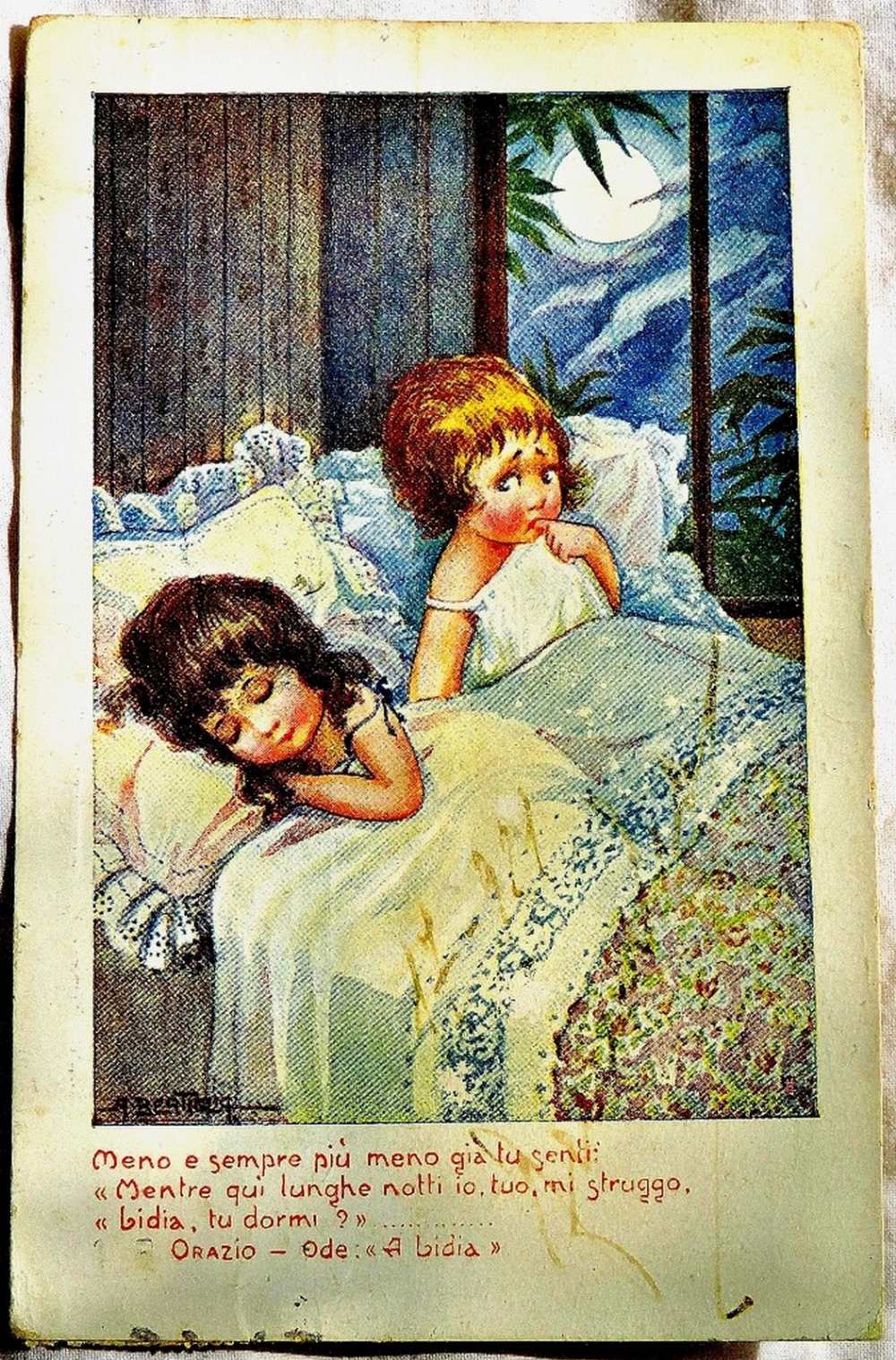 Artist - A.Bertiglion  Italian Card showing 2 children in bed, P/U 1921.