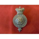 South Wales Borderers Glengarry Cap Badge, post 1881. Brass construction with QVc, two lug