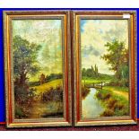Cole, E, A fine pair of oil paintings of rural scenes, 30cm x 60cm. Gilt framed.