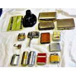 Lighters - Petrol (11) Including Zippo, a camera and a brass trench art lighter. One slide viewer